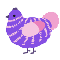 A blurple and pink chicken with a bar pattern