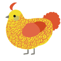 cheese puff, a yellow and vermilion chicken with a double-lace pattern