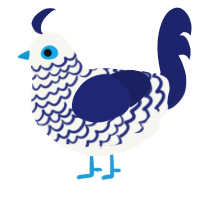 Inky, a white and navy chicken with a lace pattern