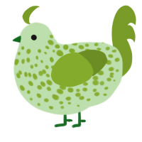 A gluppy and chartreuse chicken with a speckle pattern