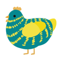 A teal and yellow chicken with a bar pattern