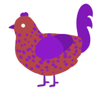 A red and violet chicken with a speckle pattern