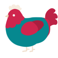 Eugene Krabs, a teal and crimson chicken with a head pattern