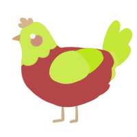 Apple, a red and lime chicken with a head pattern