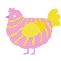 A pink and yellow chicken with a bar pattern