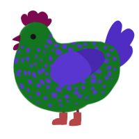 Jomker, a leaf and indigo chicken with a speckle pattern