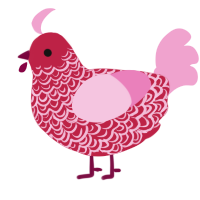 cinders jr, a crimson and pink chicken with a double-lace pattern
