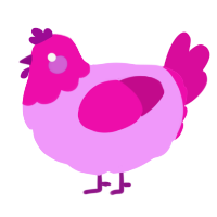 wad of chewed gum, a lavender and fuchsia chicken with a head pattern