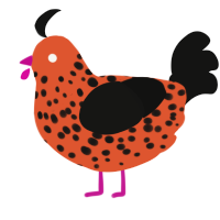 A vermilion and black chicken with a speckle pattern
