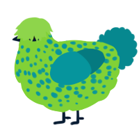 A grass and teal chicken with a speckle pattern
