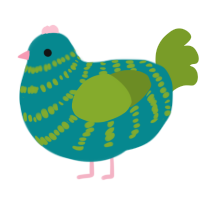 A teal and chartreuse chicken with a bar pattern