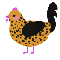 A orange and black chicken with a speckle pattern