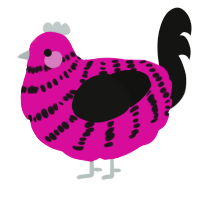 A fuchsia and black chicken with a bar pattern