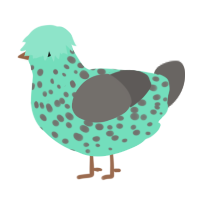 A mint and grey chicken with a speckle pattern