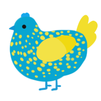 A cerulean and yellow chicken with a speckle pattern