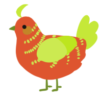 A vermilion and lime chicken with a half-bar pattern