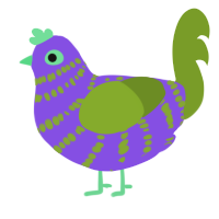 A blurple and chartreuse chicken with a bar pattern
