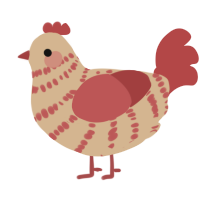 carrot, a beige and red chicken with a bar pattern