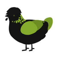 A black and chartreuse chicken with a neck-speckle pattern