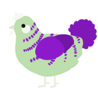 A gluppy and violet chicken with a half-bar pattern