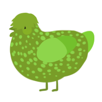 A chartreuse and grass chicken with a speckle pattern