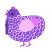 Blimon, a blurple and lavender chicken with a lace pattern