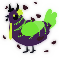 Toxic, a gluppy and violet chicken with a half-bar pattern