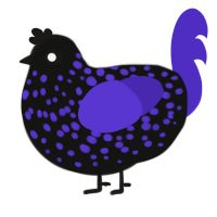 A black and indigo chicken with a speckle pattern