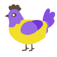 A yellow and blurple chicken with a head pattern