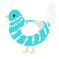A aqua and white chicken with a bar pattern