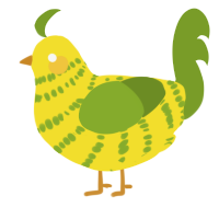 A yellow and chartreuse chicken with a bar pattern