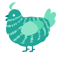 A turquoise and mint chicken with a bar pattern
