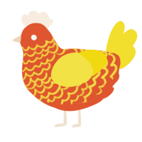 A vermilion and yellow chicken with a lace pattern