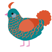 A teal and vermilion chicken with a lace pattern