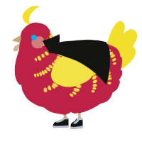 Kachow, a crimson and yellow chicken with a half-bar pattern