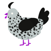 Soot Sprite, a silver and black chicken with a speckle pattern