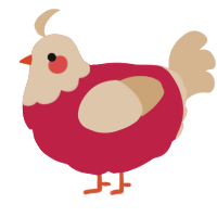 ketchup pancake, a crimson and beige chicken with a head pattern