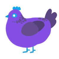 Grimace, a blurple and overcast chicken with a neck-speckle pattern