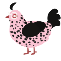 A rose and black chicken with a speckle pattern