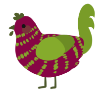 happy, a maroon and chartreuse chicken with a bar pattern