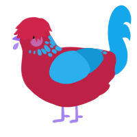 happy, a crimson and sky chicken with a neck-speckle pattern