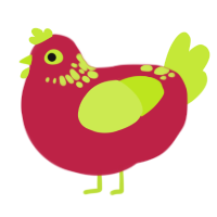 Annoyed Noises, a crimson and lime chicken with a neck-speckle pattern