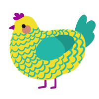 A yellow and turquoise chicken with a lace pattern