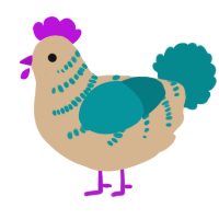 A beige and teal chicken with a half-bar pattern