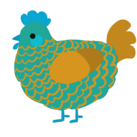 A turquoise and ochre chicken with a lace pattern