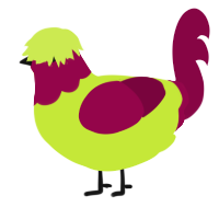 A lime and maroon chicken with a head pattern