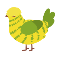 A yellow and chartreuse chicken with a bar pattern