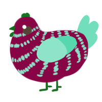 A maroon and mint chicken with a bar pattern