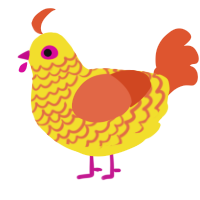 Nia, a yellow and vermilion chicken with a lace pattern
