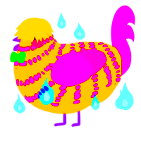 Sparkledog, a gold and fuchsia chicken with a bar pattern